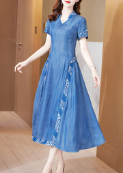 Bohemian Blue Stand Collar Embroidered Butto Silk Denim Maxi Dresses Short Sleeve