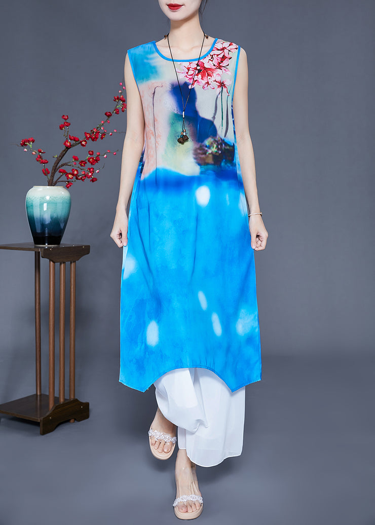 Bohemian Blue Stand Collar Oversized Print Silk Two Pieces Set Summer