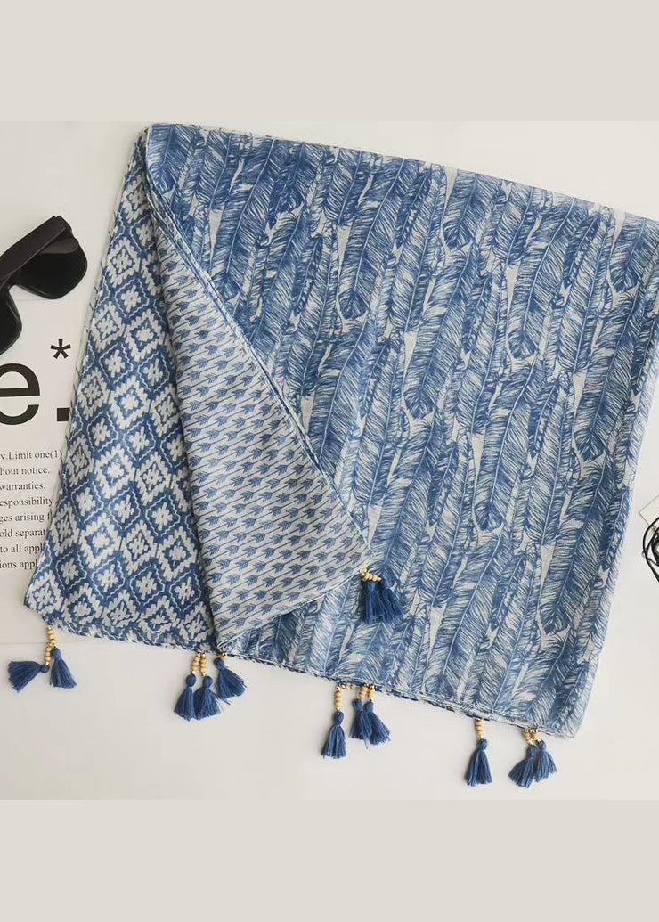 Bohemian Blue Tasseled Print Cotton Scarf
