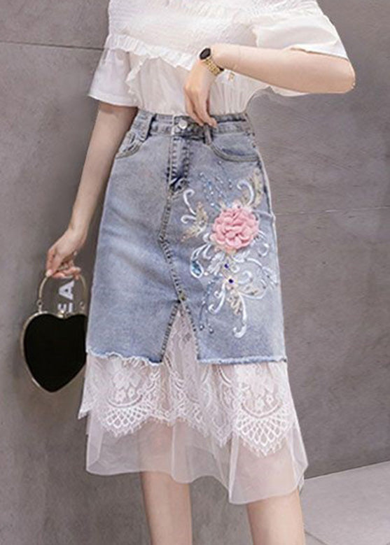 Bohemian Blue Tulle Patchwork Floral Button Denim Skirt