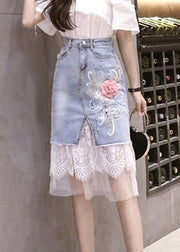 Bohemian Blue Tulle Patchwork Floral Button Denim Skirt