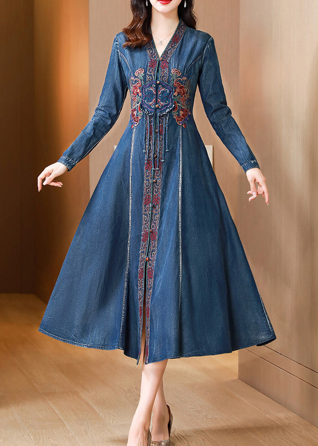 Bohemian Blue V Neck Embroidered Patchwork Denim Dresses Fall