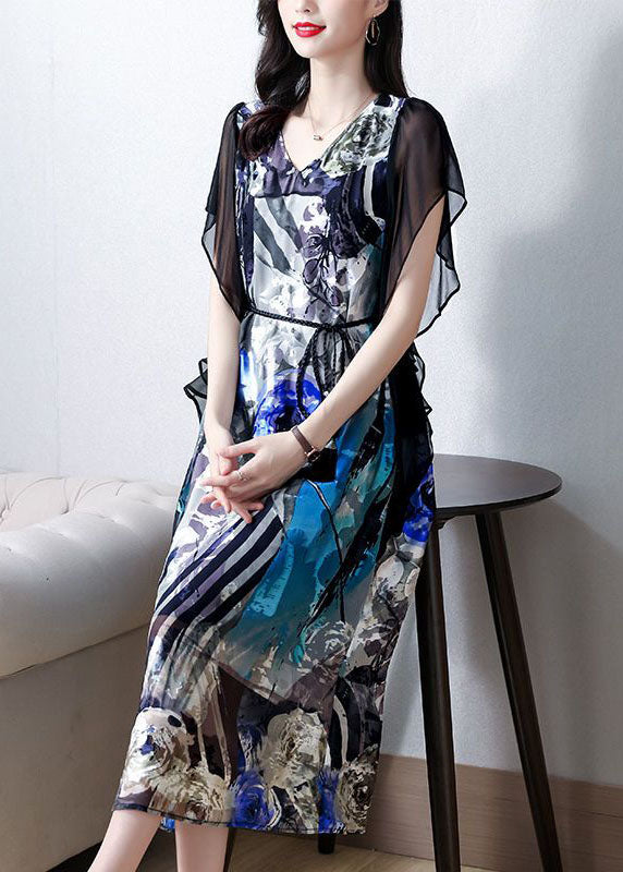 Bohemian Blue V Neck Patchwork Print Silk Dress Summer