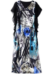 Bohemian Blue V Neck Patchwork Print Silk Dress Summer