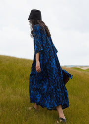 Bohemian Blue V Neck Print Cotton Robe Dresses Summer