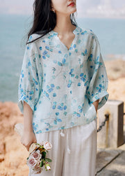 Bohemian Blue V Neck Print Linen Shirt Tops Lantern Sleeve