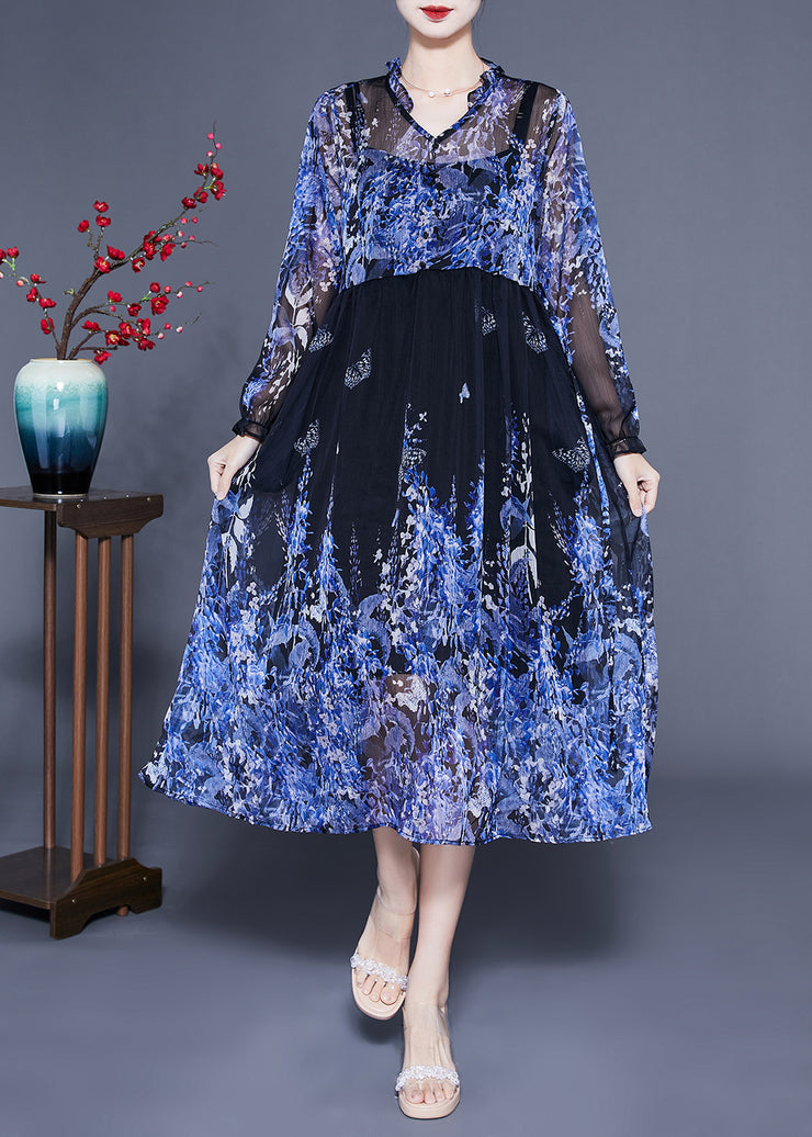 Bohemian Blue V Neck Ruffled Print Chiffon Holiday Dresses Two Piece Set Summer