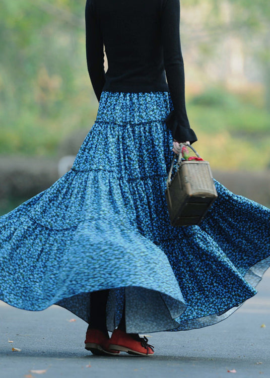 Bohemian Blue Wrinkled Print Patchwork Corduroy Skirts Spring
