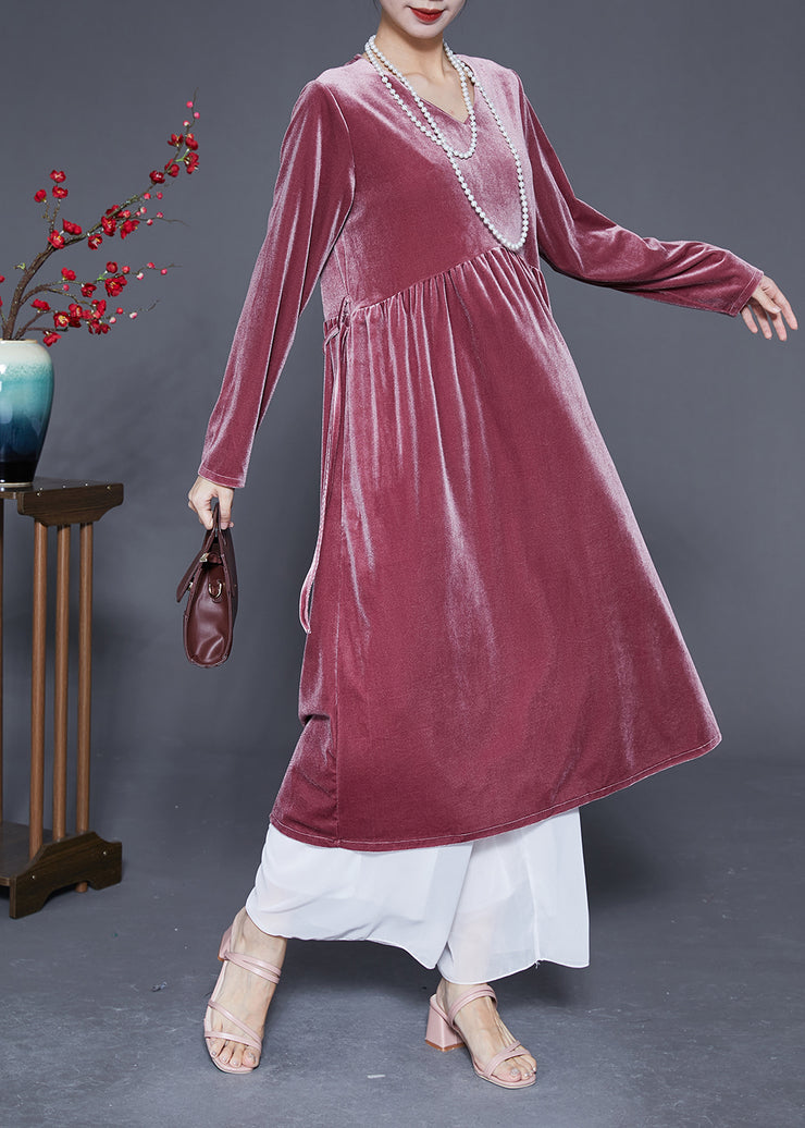 Bohemian Brick Red V Neck Patchwork Silk Velour Maxi Dresses Spring