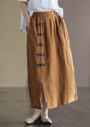 Bohemian Brown Elastic Waist Side Open Linen Skirt Summer