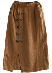 Bohemian Brown Elastic Waist Side Open Linen Skirt Summer