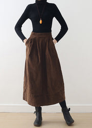 Bohemian Brown Oversized Patchwork Pockets Corduroy Skirt Spring