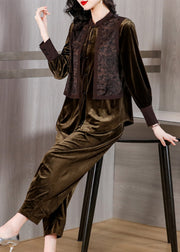 Bohemian Brown Patchwork Button Silk Velour Top And Harem Pants Two Pieces Set Long Sleeve