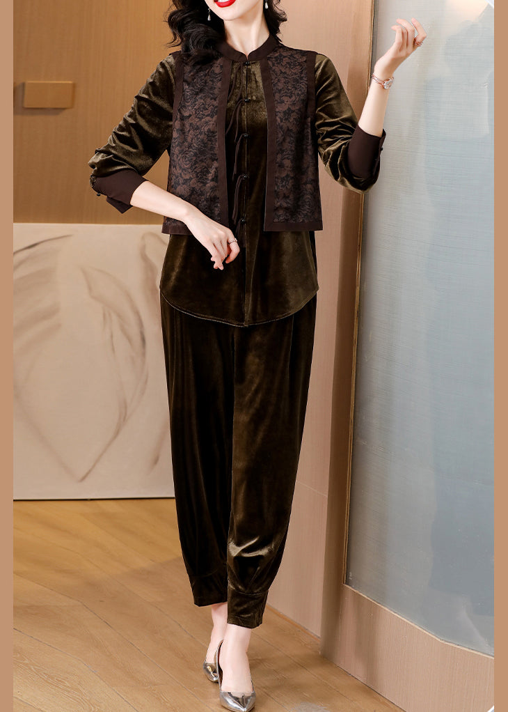 Bohemian Brown Patchwork Button Silk Velour Top And Harem Pants Two Pieces Set Long Sleeve