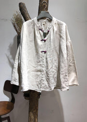 Bohemian Chinese Button linen tunics for women Christmas Gifts white tops fall - SooLinen