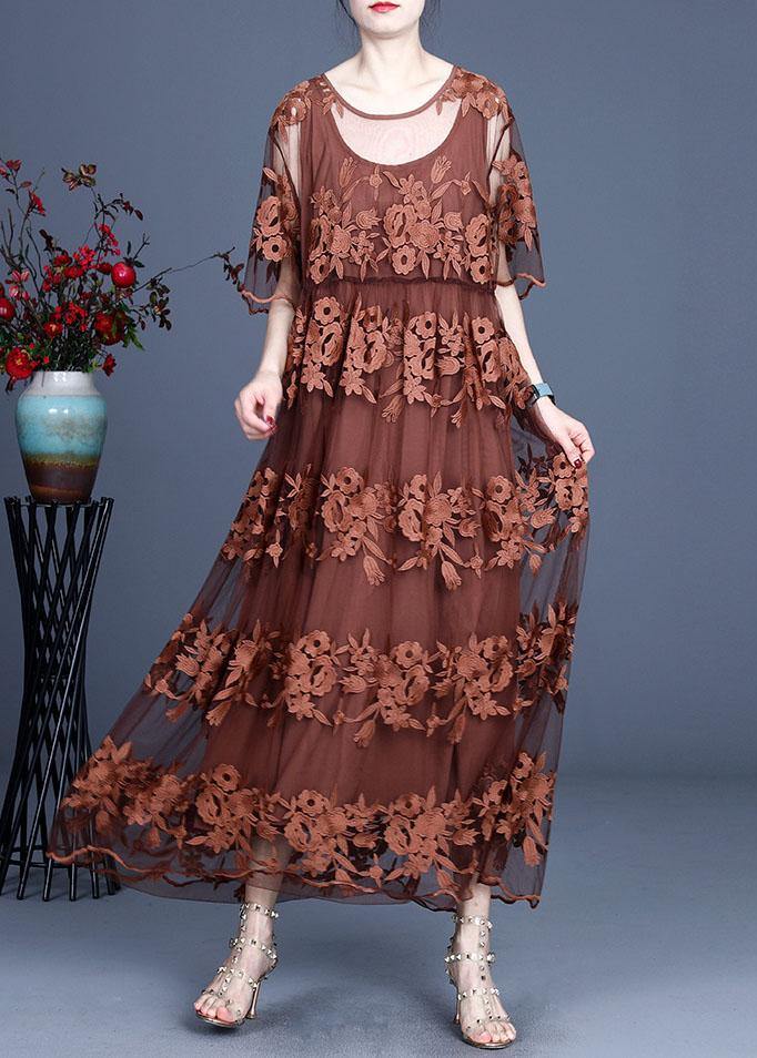 Bohemian Chocolate Embroideried Summer Lace Summer Dresses Half Sleeve - SooLinen