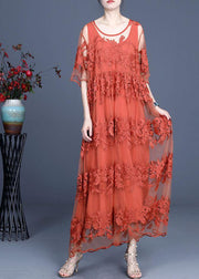 Bohemian Chocolate Embroideried Summer Lace Summer Dresses Half Sleeve - SooLinen