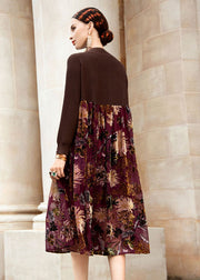 Bohemian Chocolate O-Neck Wrinkled Print Patchwork Knit Sweater Dress Fall