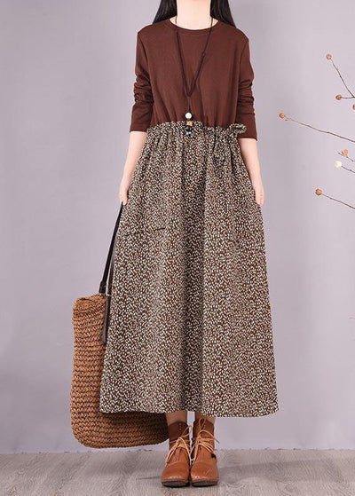 Bohemian Chocolate Patchwork Print Clothes For Women O Neck Maxi Spring Dress - SooLinen