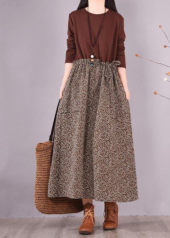 Bohemian Chocolate Patchwork Print Clothes For Women O Neck Maxi Spring Dress - SooLinen
