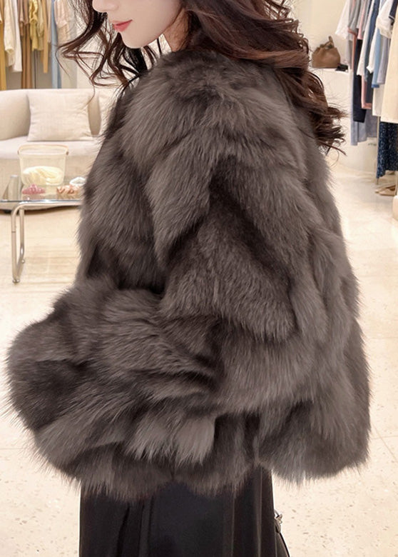 Bohemian Cocoa Colour O-Neck Fuzzy Fur Fluffy Leather And Fur Coats Winter