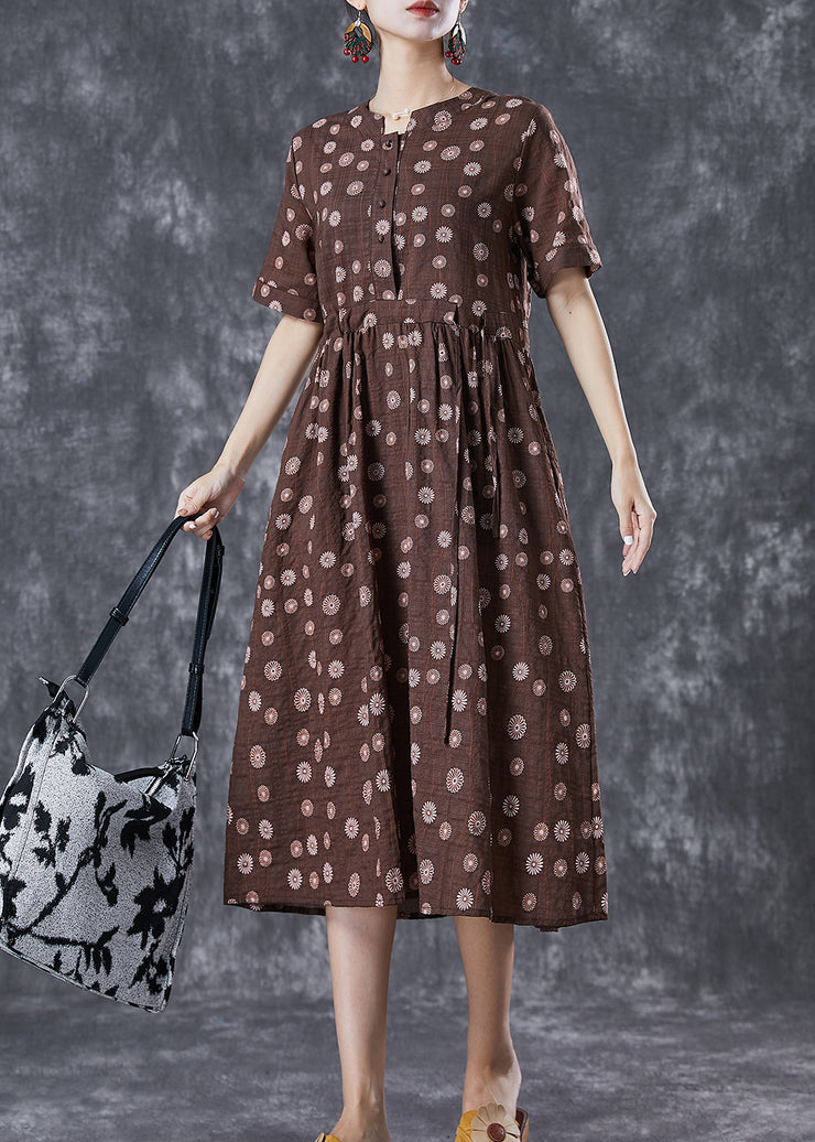 Bohemian Coffee Cinched Daisy Linen Dresses Summer