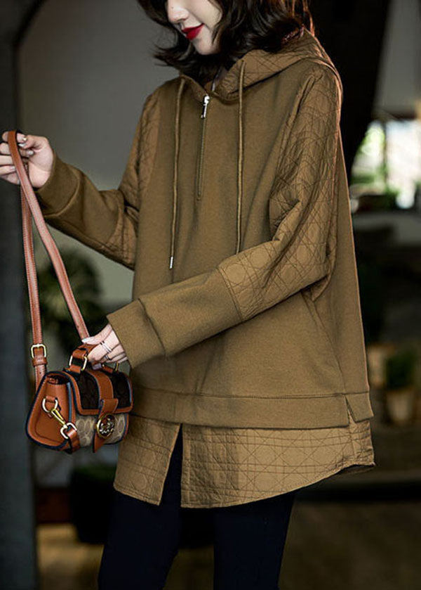 Bohemian Chocolate Hooded Patchwork Cotton Fake Two Piece Sweatshirts Top Winter