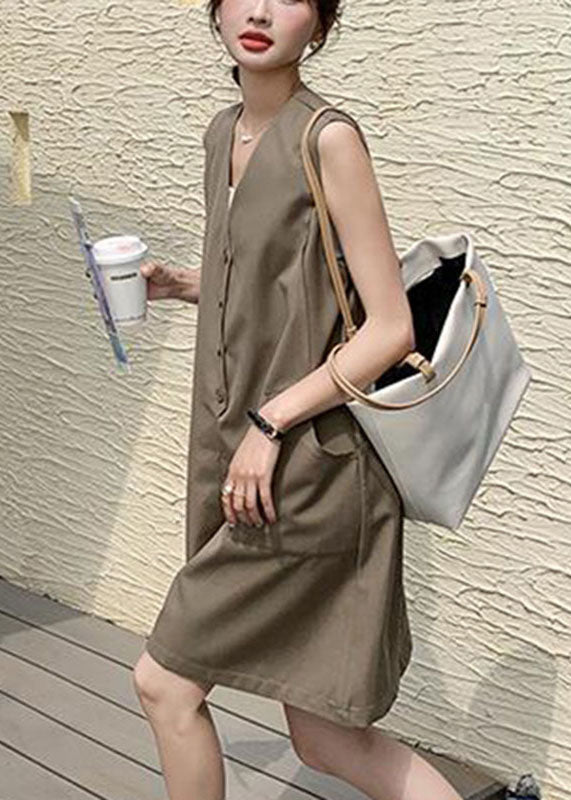 Bohemian Coffee V Neck Patchwork Button Mid Dress Summer