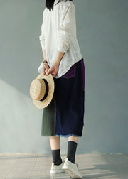 Bohemian Colorblock Elastic Waist Pockets Patchwork Hole Cotton Denim Skirts Fall