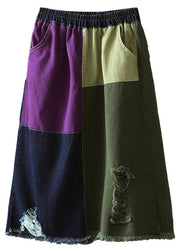 Bohemian Colorblock Elastic Waist Pockets Patchwork Hole Cotton Denim Skirts Fall