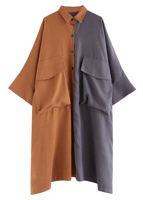 Bohemian Colorblock Oversized Patchwork Pockets Cotton Long Dress Batwing Sleeve
