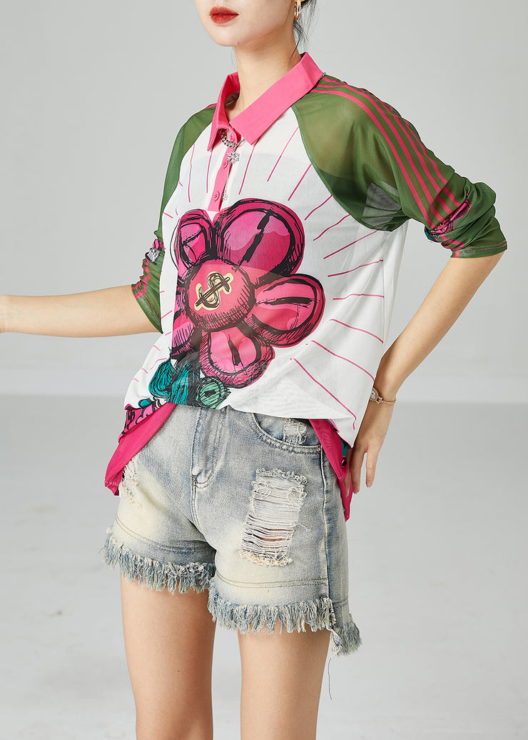 Bohemian Colorblock Peter Pan Collar Print Tulle UPF 50+ Top Summer
