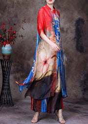 Bohemian Colorblock Stand Collar Button Print Side Open Silk Long Shirt And Wide Leg Pants 2 Piece Outfit Short Sleeve