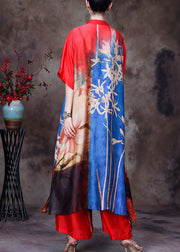Bohemian Colorblock Stand Collar Button Print Side Open Silk Long Shirt And Wide Leg Pants 2 Piece Outfit Short Sleeve