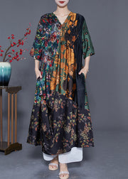 Bohemian Colorblock V Neck Patchwork Wrinkled Print Silk Long Dress Summer