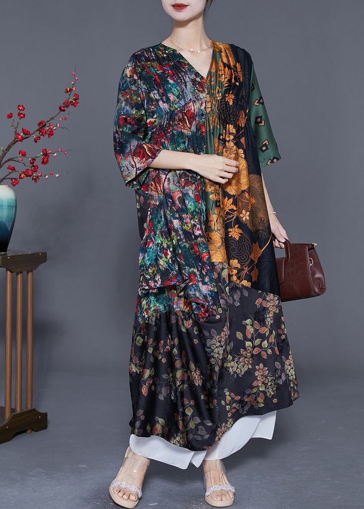 Bohemian Colorblock V Neck Patchwork Wrinkled Print Silk Long Dress Summer