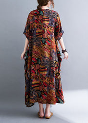 Bohemian Colorblock V Neck Print Cotton Maxi Dresses Short Sleeve