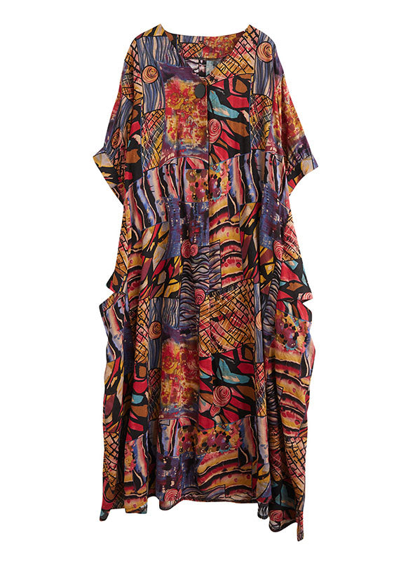 Bohemian Colorblock V Neck Print Cotton Maxi Dresses Short Sleeve