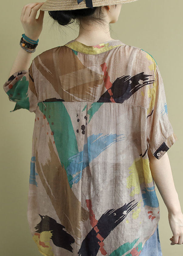 Bohemian Colorblock V Neck Print Patchwork Cotton Shirts Top Summer