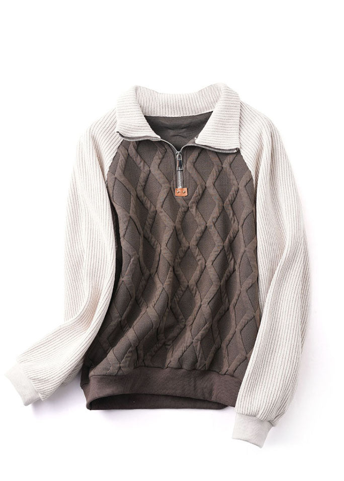 Bohemian Colorblock Zip Up Knit Patchwork Cotton Sweatshirt Streetwear Winter