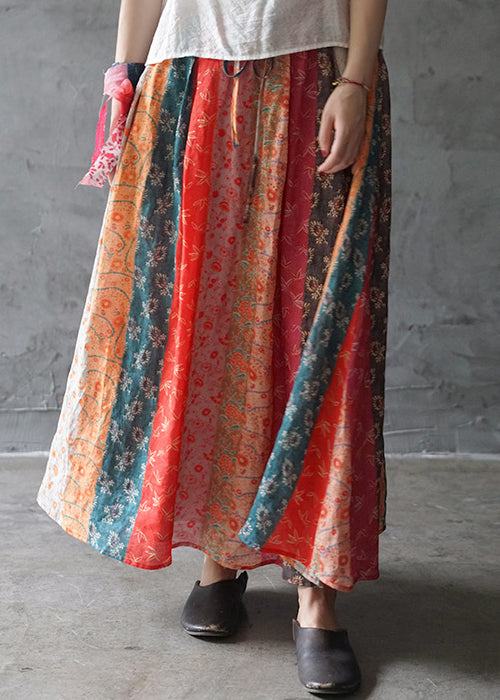 Bohemian Colorblock elastic waist drawstring pocket Linen Skirts Spring