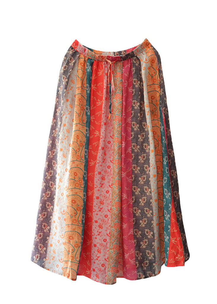 Bohemian Colorblock elastische Taille Tasche mit Kordelzug Leinenröcke Frühling