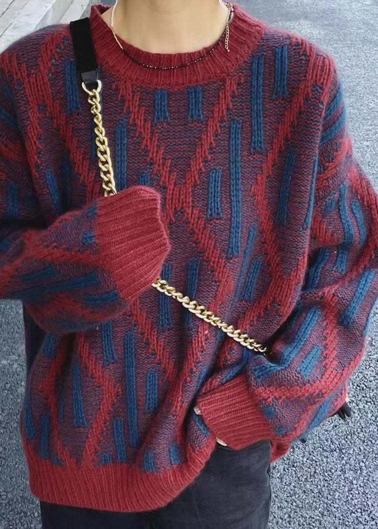 Bohemian Dark Blue O-Neck Thick Plaid Knit Sweaters Fall