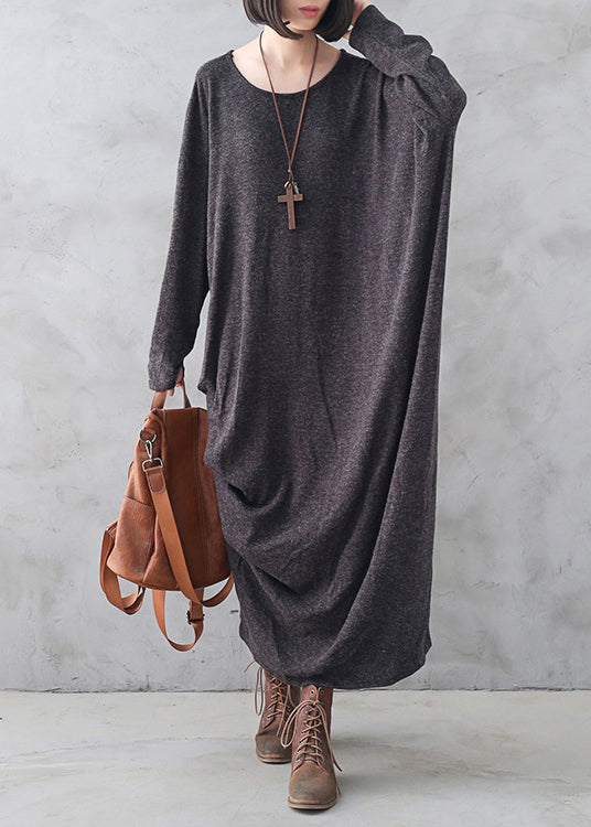 Bohemian Dark Grey O-Neck Asymmetrical Wool Knit Maxi Sweater Dress Fall