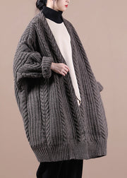 Bohemian Dark Khaki V Neck Cable Knit Sweaters Coats Winter