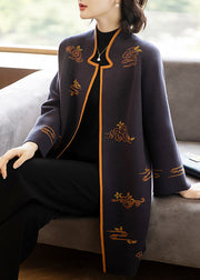 Bohemian Dark Purple Stand Collar Embroidered Patchwork Wool Coats Fall