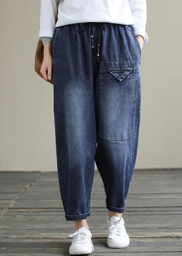 Bohemian Denim Blue High Waist Loose Spring Cinched Work Outfits Wild Trousers - SooLinen