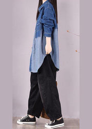 Bohemian Denim Light Blue Long Shirts Lapel Patchwork Oversized Blouse - SooLinen