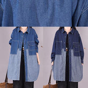 Bohemian Denim Light Blue Long Shirts Lapel Patchwork Oversized Blouse - SooLinen