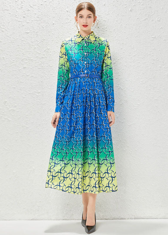 Bohemian Gradient Color Print Patchwork Sashes Chiffon Exra Large Hem Dress Fall
